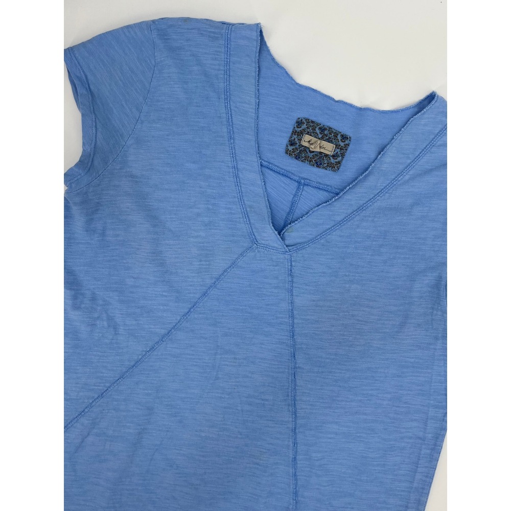 Mod-o-doc Blue Slub Jersey V-Neck Sharkbite Hem Tee Shirt Womens XL Raw Edge